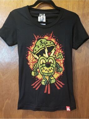 NWT Johnny Cupcakes Black Tee with Green Robot and Red-Yellow Accents -M